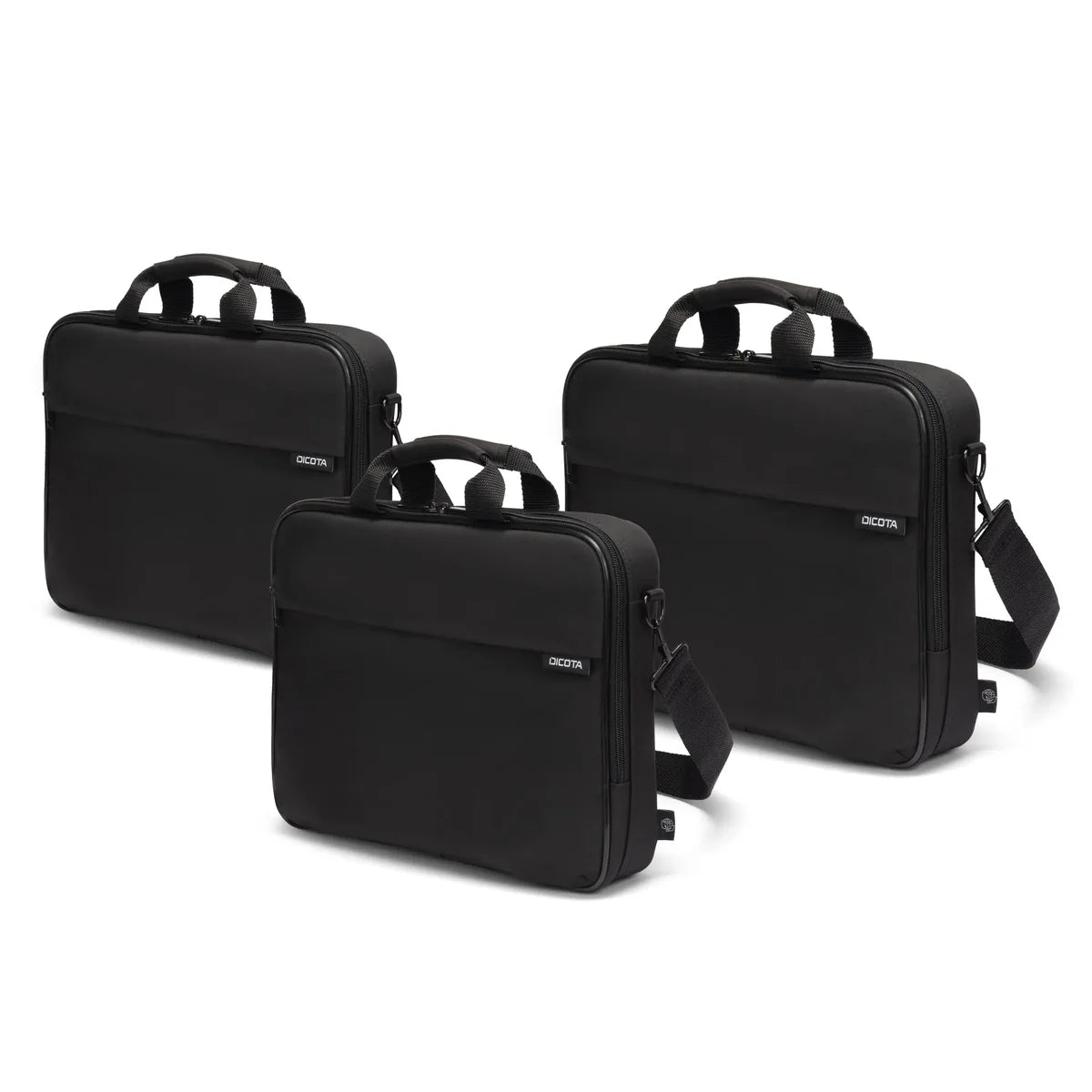 Three black laptop briefcases in different sizes arranged on a white background, each with top handles, a shoulder strap, and a small visible OCOTE brand tag.