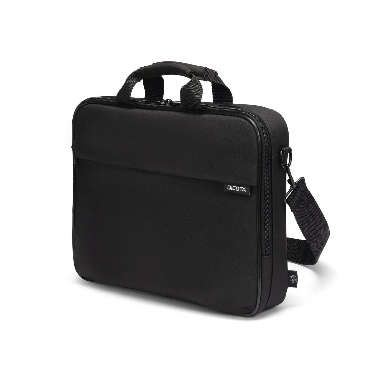 Black briefcase with a visible brand logo on a white background