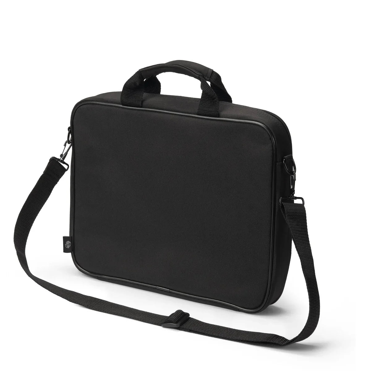 A black laptop briefcase with a top handle and an adjustable shoulder strap, shown on a clean white background.