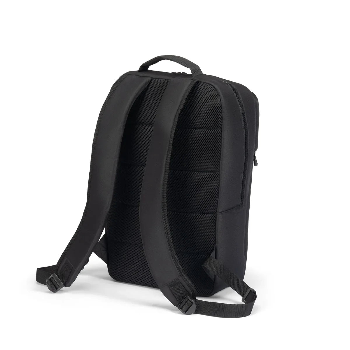 Black backpack shown from the back, featuring padded shoulder straps, a breathable mesh back panel, and a top carry handle, photographed on a clean white background.