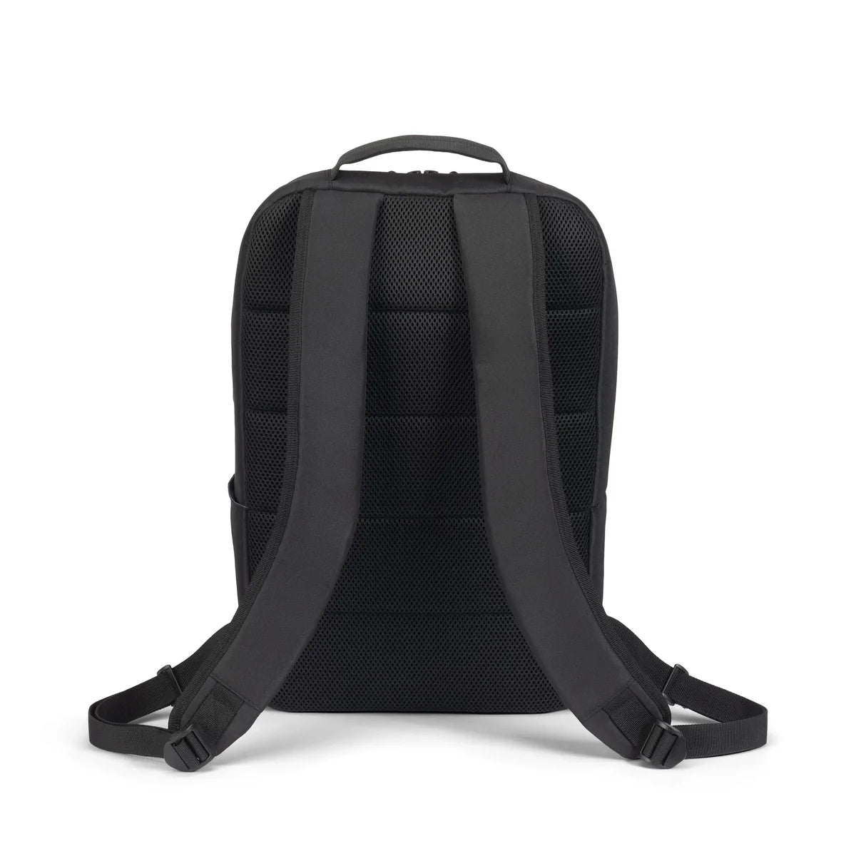 Black backpack shown from the back, featuring a breathable mesh back panel, padded shoulder straps, and a top carry handle, photographed on a clean white background.