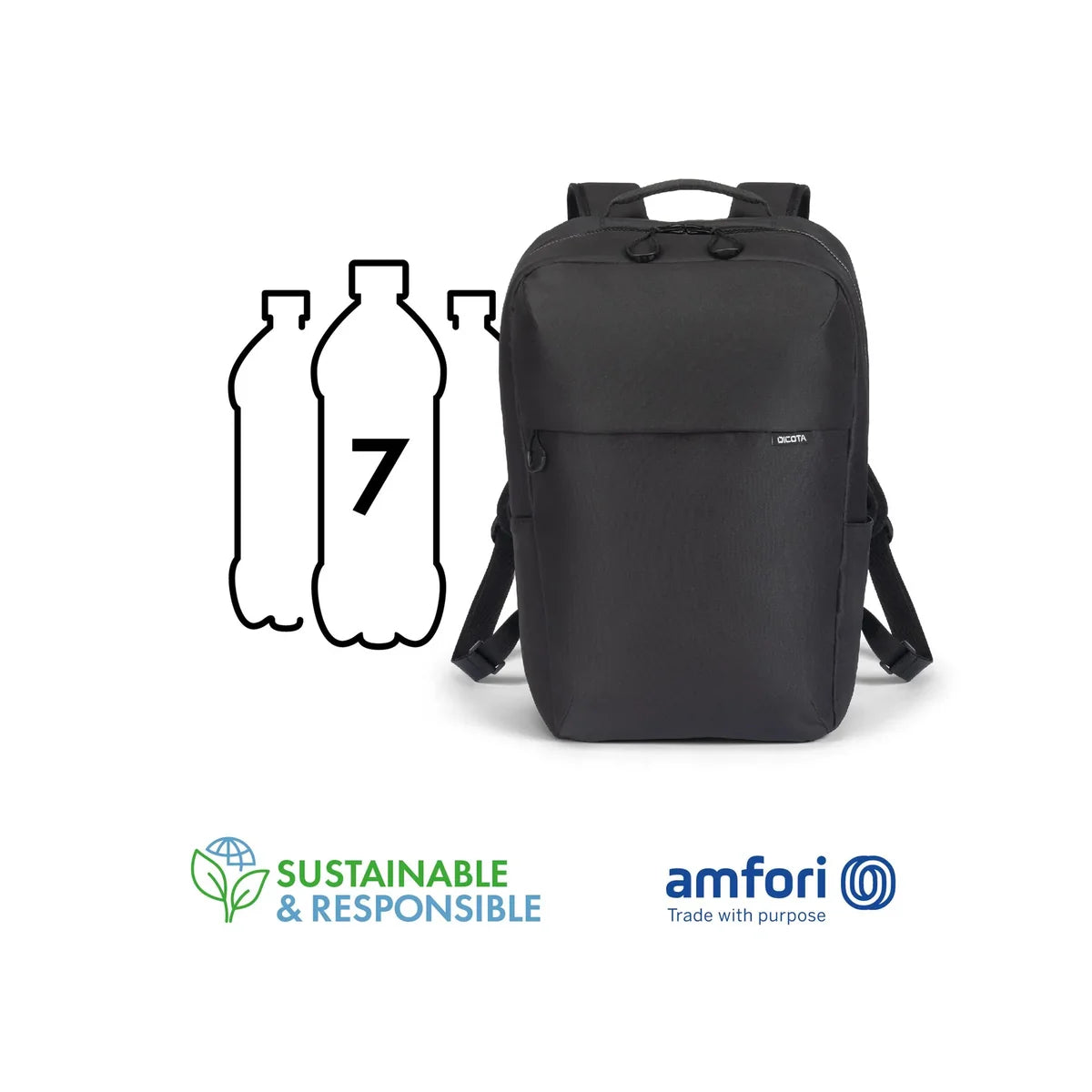 A black backpack shown on a white background with a graphic indicating it holds 7 bottles' worth of water, plus 'Sustainable & Responsible' and 'amfori' logos at the bottom.