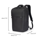 A black backpack shown on a white background with dimension lines and labels indicating height, width, and depth.
