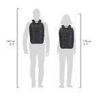 A black backpack shown on two gray human silhouettes, with height measurement lines and text indicating 180 cm (5'11") for the larger figure and 170 cm (5'7") for the smaller figure.