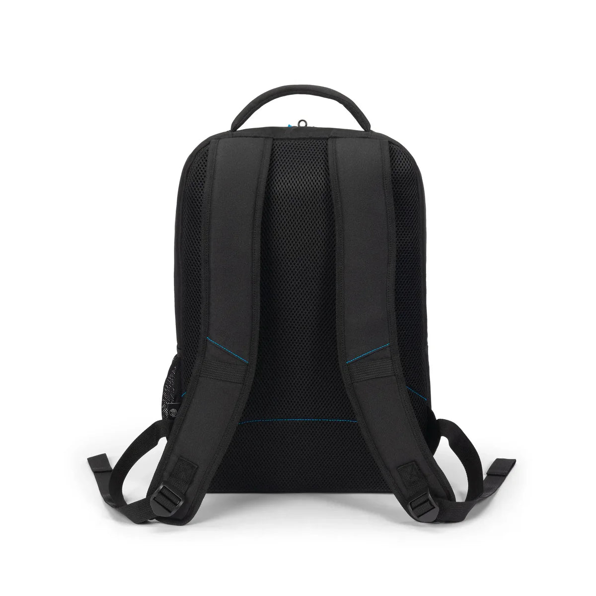 Black mesh laptop backpack shown from the back, featuring padded shoulder straps, a top carry handle, and subtle blue accent stitching on a white background.