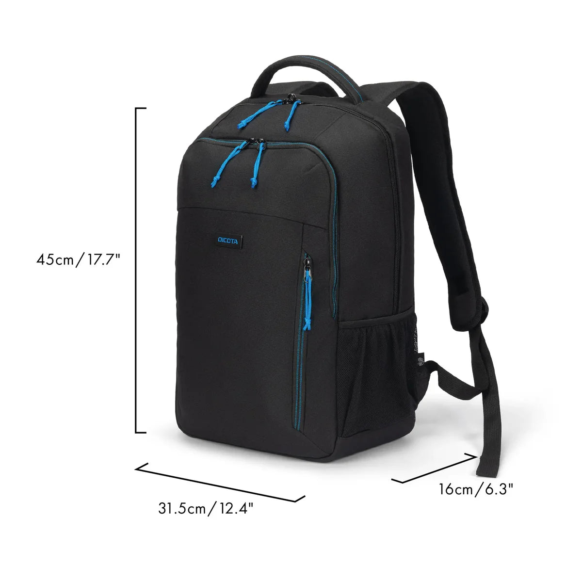 Black backpack with blue zipper accents and dimension markings showing 45cm height, 31.5cm width, and 16cm depth on a white background.