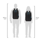 A black backpack shown on two gray human silhouettes, with height measurements labeled 180 cm (5'11") on the left and 170 cm (5'7") on the right, on a white background.
