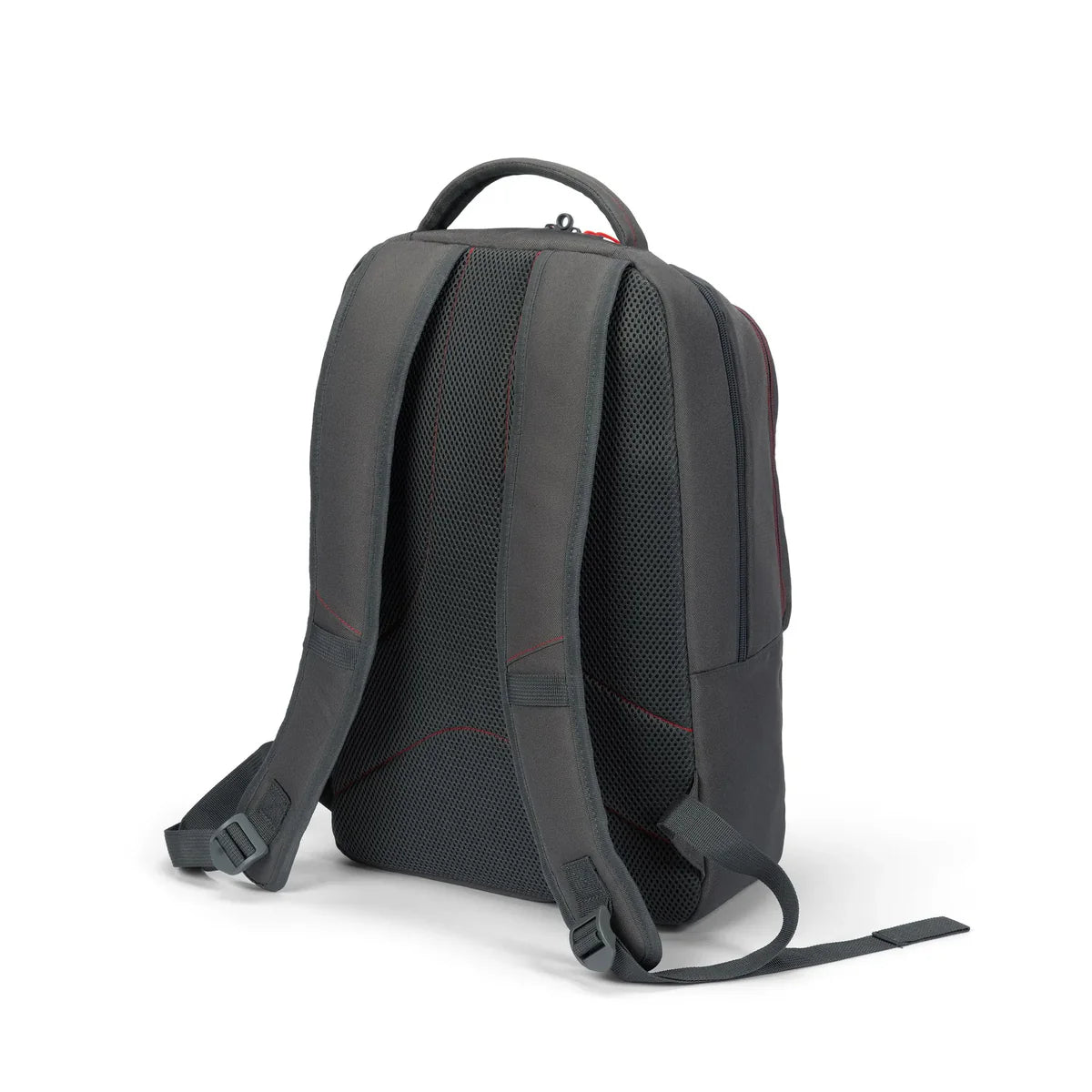 A dark gray backpack shown from the back, featuring a breathable mesh back panel, padded shoulder straps, and a top carry handle, photographed on a clean white background.
