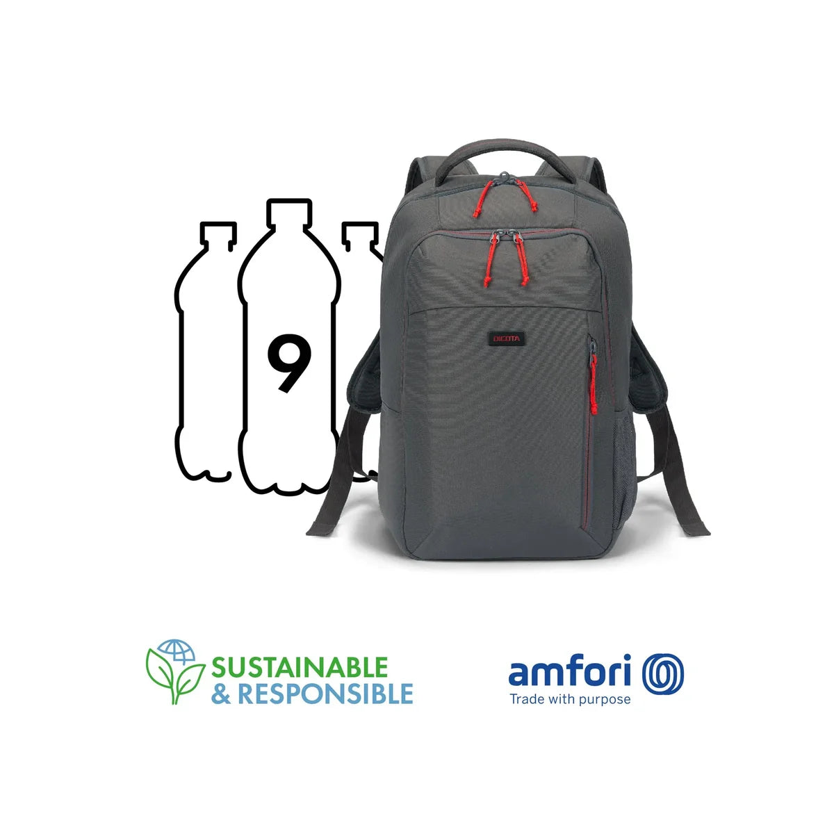 A dark gray backpack with red zipper pulls shown on a white background, alongside a graphic indicating it holds 9 liters and 'Sustainable & Responsible' and 'amfori' logos at the bottom.
