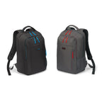 Two backpacks shown side by side on a plain white background. The left backpack is black with bright blue zipper pulls and trim, and the right backpack is dark gray with red zipper pulls and trim.