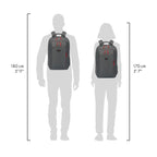 A gray backpack shown on two gray human silhouettes, one taller figure labeled 180 cm (5'11") and one shorter figure labeled 170 cm (5'7"), with measurement brackets and text indicating height comparison.