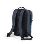 A navy blue and black backpack shown from the back, featuring padded shoulder straps, a breathable black mesh back panel, and a top carry handle, set against a plain white background.