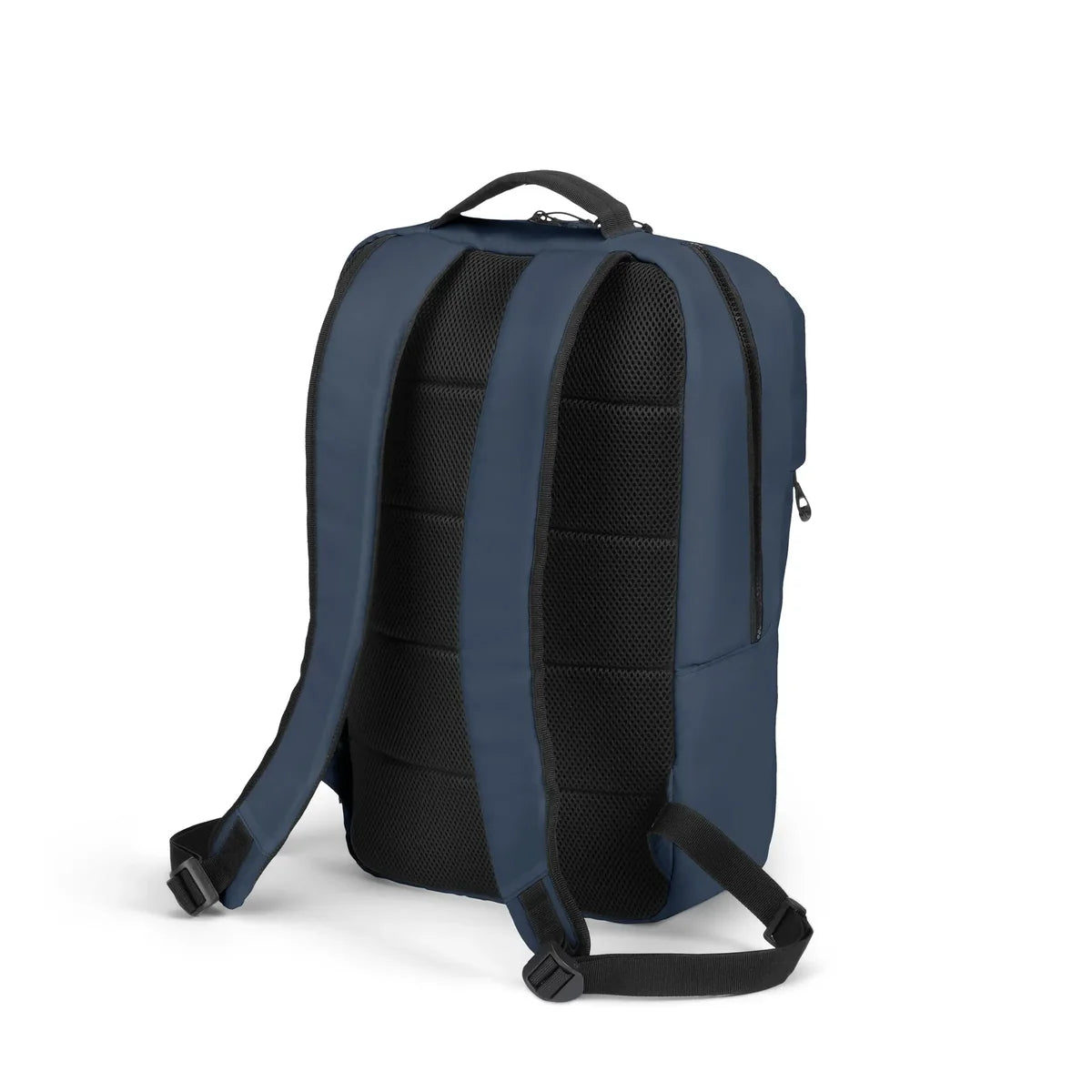 A navy blue and black backpack shown from the back, featuring padded shoulder straps, a breathable black mesh back panel, and a top carry handle, set against a plain white background.