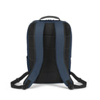 The back view of a navy blue and black backpack, showing the padded mesh backrest, shoulder straps, and top carry handle against a plain white background.