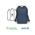 A navy blue backpack shown on a white background with a graphic indicating it holds 7 bottles, plus Amfori and Sustainable & Responsible certification logos at the bottom.