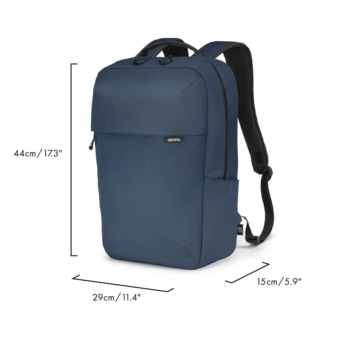 A navy blue backpack shown on a white background with dimension lines and text indicating its height of 44cm (173"), width of 29cm (11.4"), and depth of 15cm (5.