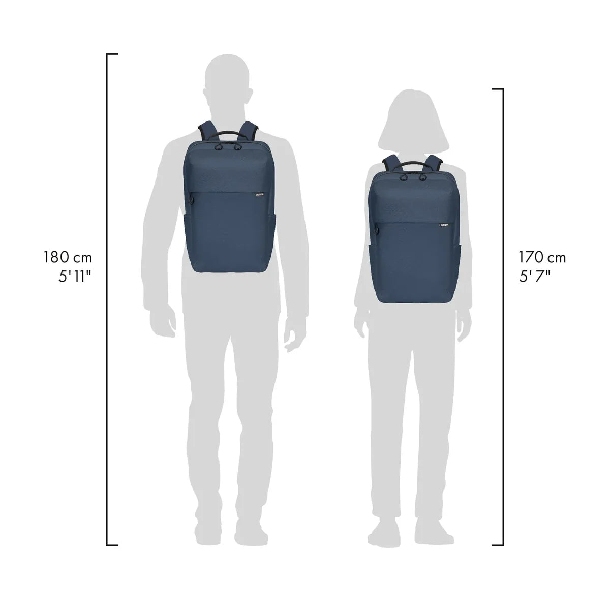 Two gray human silhouettes showing backpack fit and height comparison, with a navy backpack on each figure. The left figure is labeled 180 cm (5'11") and the right figure is labeled 170 cm (5'7") on a white background.