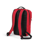 Red and black backpack shown from the back, featuring a padded black mesh back panel, red side panels, black shoulder straps, and a top carry handle on a white background.