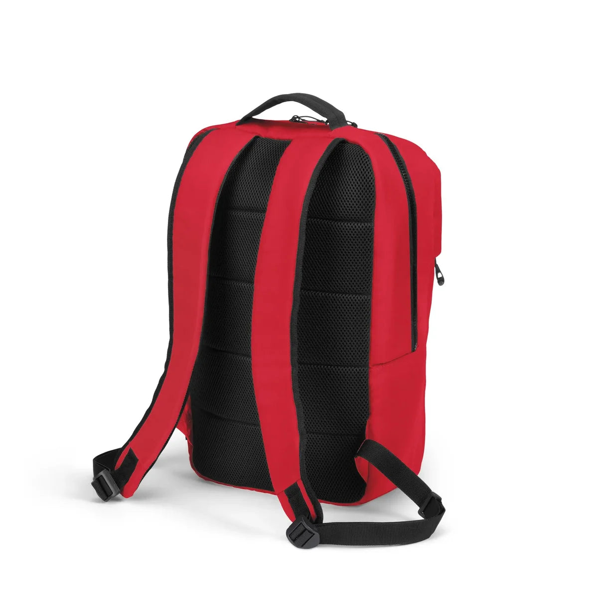 Red and black backpack shown from the back, featuring a padded black mesh back panel, red side panels, black shoulder straps, and a top carry handle on a white background.