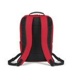 Red and black backpack shown from the back, featuring padded black mesh back support, red side panels, and black shoulder straps on a white background.