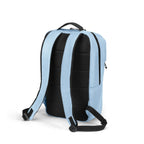 A light blue and black backpack shown from the back, featuring padded black mesh back panels, light blue shoulder straps, and black zipper details, set against a plain white background.