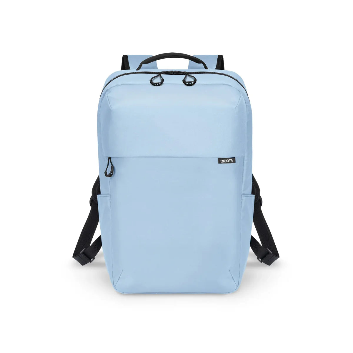 A light blue backpack with black straps, a top handle, and a small black brand tag on the front, shown against a plain white background.