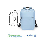 A light blue backpack with black straps and zippers, shown on a white background next to a graphic of three water bottles with a '7' and sustainability badges at the bottom.