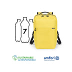 A bright yellow backpack with black straps and zipper details, shown on a white background next to a graphic indicating it holds 7 liters, with 'SUSTAINABLE & RESPONSIBLE' and 'amfori' logos at the bottom.