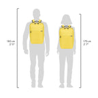 Yellow backpack shown on two gray human silhouettes with height measurements labeled 180 cm (5'11") and 170 cm (5'7") to indicate size fit.