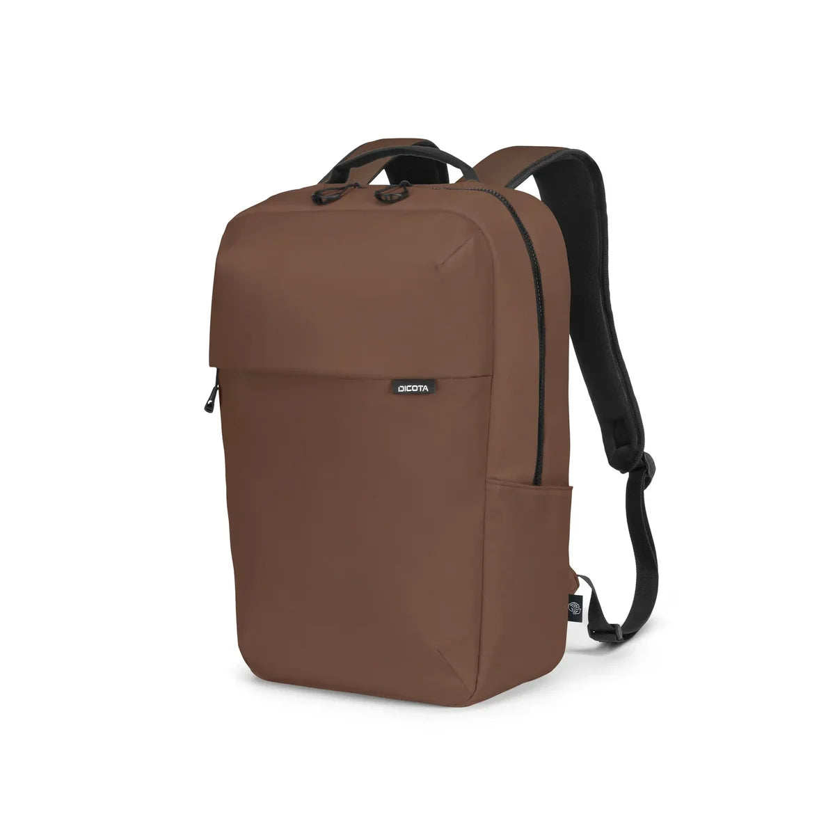 A brown backpack with black straps and zipper trim, featuring a small black brand label on the front pocket, shown against a plain white background.
