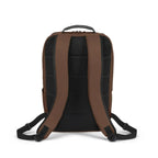 The back view of a brown and black backpack, showing the padded mesh backrest, shoulder straps, and top carry handle against a plain white background.