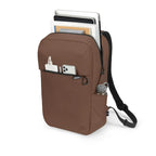 A brown backpack shown on a white background, filled with notebooks, a tablet, a smartphone, and a water bottle in its side pocket. The backpack has a front slip pocket with a small black brand tag that reads 'SCOUT'.