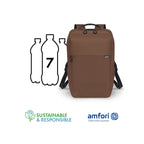A brown Amfori backpack shown on a white background, next to a graphic indicating it is sustainable and responsible, with 7 plastic bottles' worth of water, and Amfori branding at the bottom.