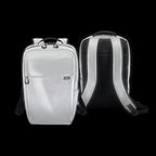 A white backpack shown from the front and back against a solid black background. The front view shows a main zip compartment, a front slip pocket with a small black brand tag, and top carry handles.