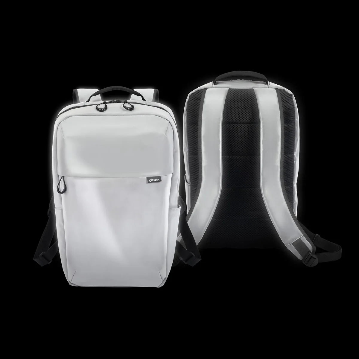 A white backpack shown from the front and back against a solid black background. The front view shows a main zip compartment, a front slip pocket with a small black brand tag, and top carry handles.