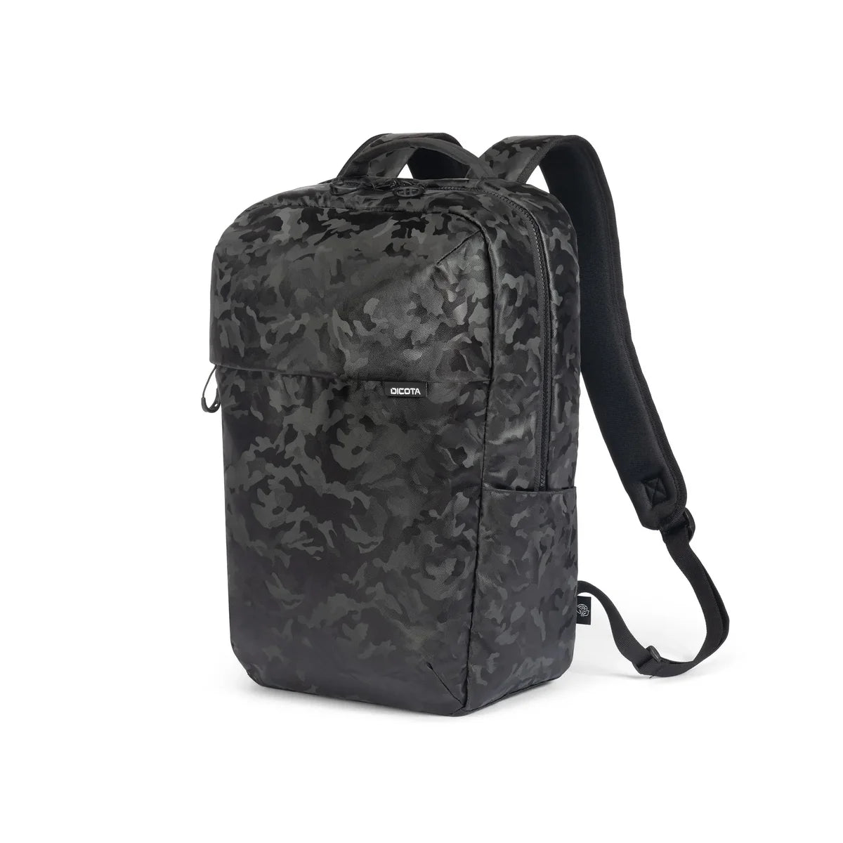 A black and dark gray camouflage backpack with a front zippered pocket and padded shoulder straps, shown on a plain white background.