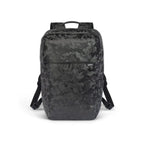 A black and dark gray camouflage backpack shown from the front on a clean white background. The backpack features a top handle, adjustable shoulder straps, and a small white 'SCOUT' brand label on the right side of the front pocket.