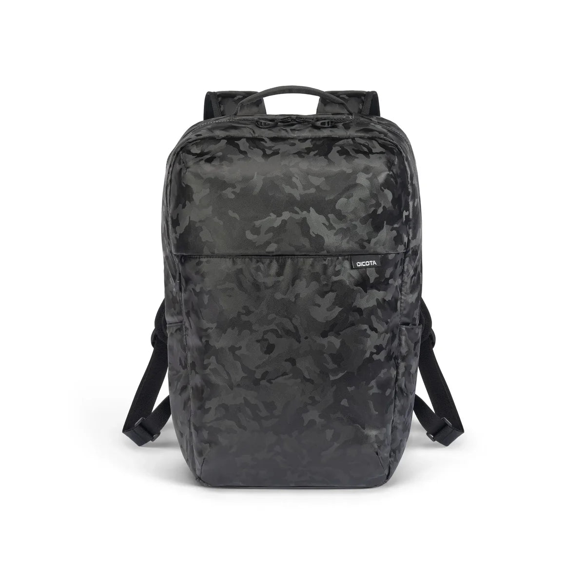 A black and dark gray camouflage backpack shown from the front on a clean white background. The backpack features a top handle, adjustable shoulder straps, and a small white 'SCOUT' brand label on the right side of the front pocket.