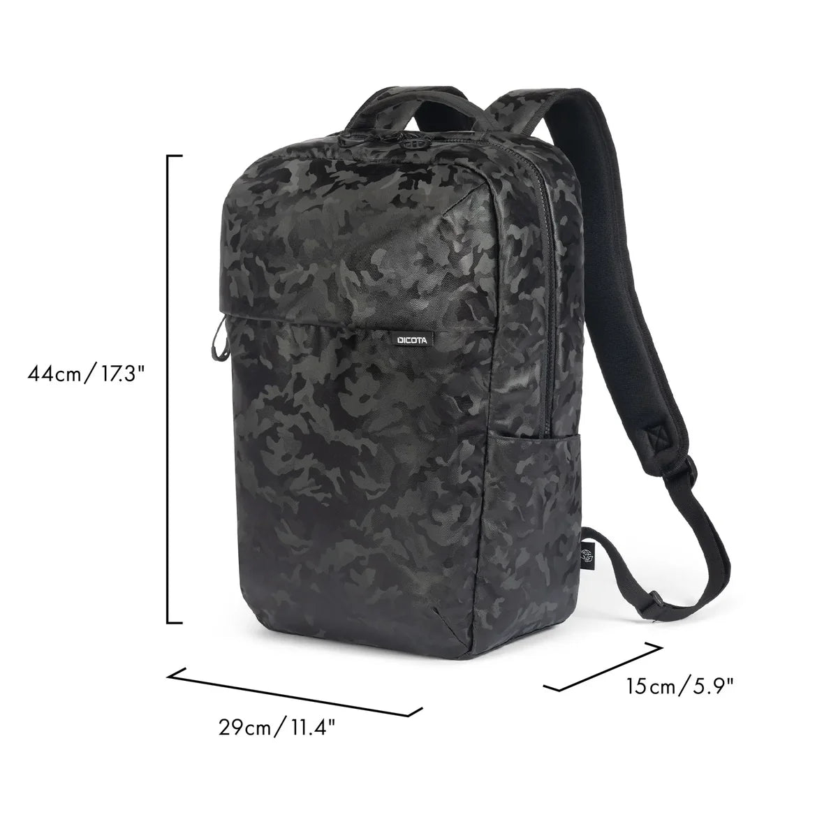 Black and gray camouflage backpack shown with dimension lines and text indicating height of 44cm (17.3"), width of 29cm (11.