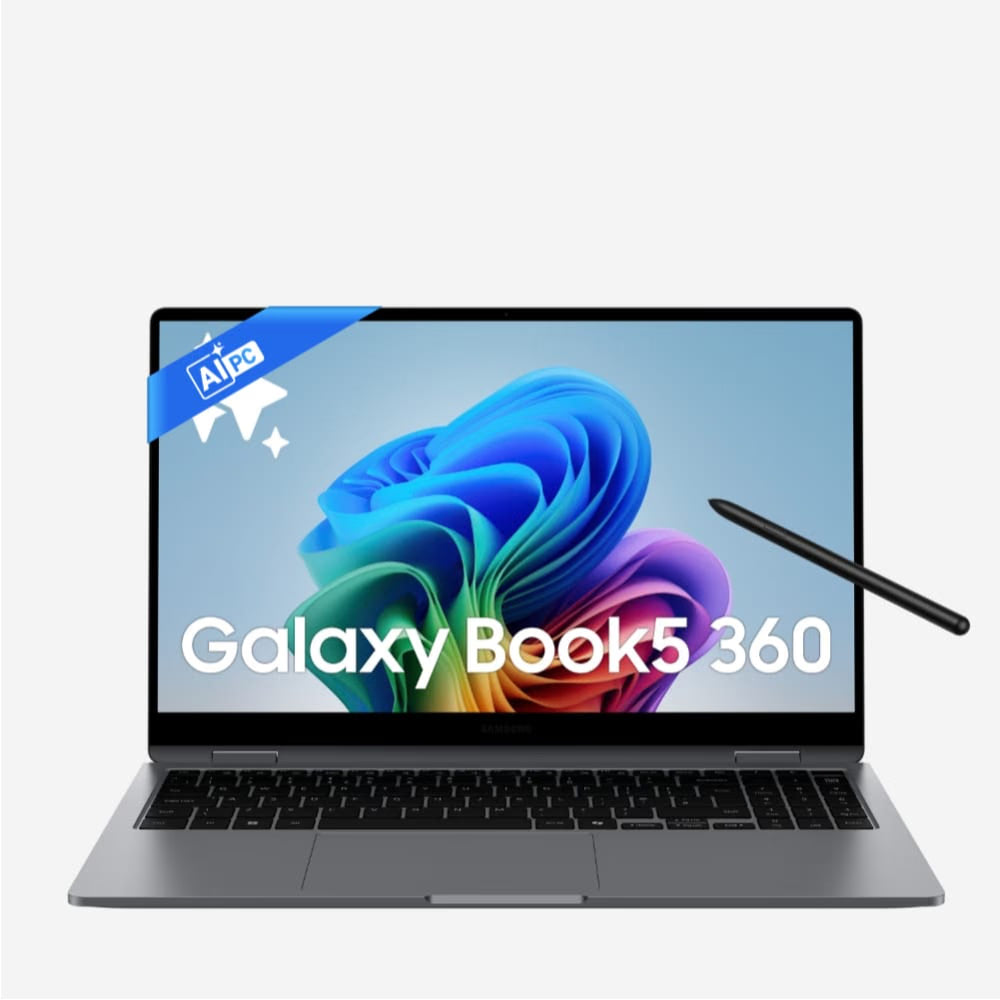 A Samsung Galaxy Book5 360 laptop in dark gray, shown open with its screen displaying a colorful abstract wallpaper and the text 'Galaxy Book5 360'. A black stylus is placed to the right of the screen.