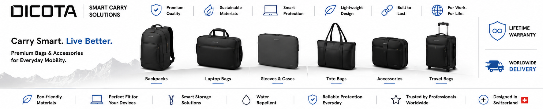 A promotional banner for DICTO Smart Carry Solutions showcasing various black and dark gray carry bags, including backpacks, laptop bags, storage cases, and travel bags, with feature icons and text overlays on a white background.