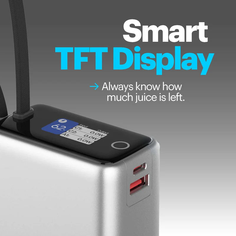A silver portable power bank with a black top panel showing a blue TFT display and text that reads 'Smart TFT Display' and 'Always know how much juice is left.' on a gray gradient background.