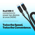 Dual USB-C cable with text on a blue background