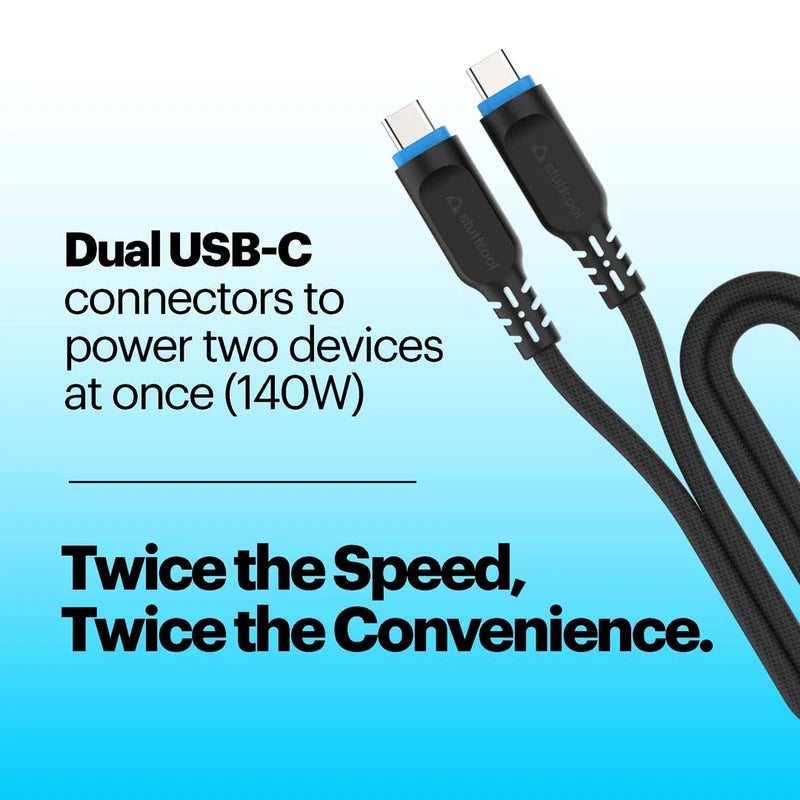 Dual USB-C cable with text on a blue background