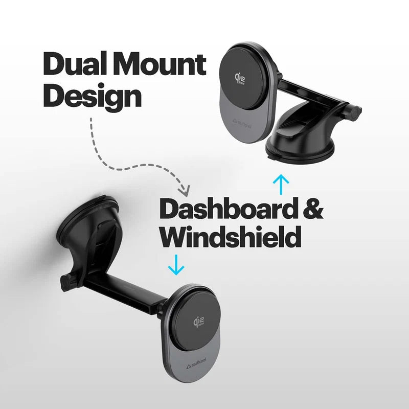 A promotional graphic showing a black dual suction-mount car phone holder with text reading 'Dual Mount Design' and 'Dashboard & Windshield,' plus arrows indicating mounting options on a light gray background.
