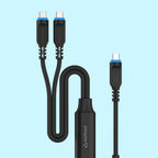 Black USB cable with multiple connectors on a light blue background