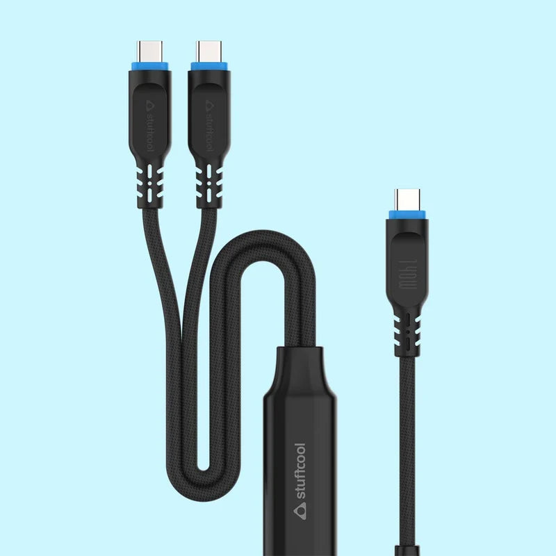 Black USB cable with multiple connectors on a light blue background