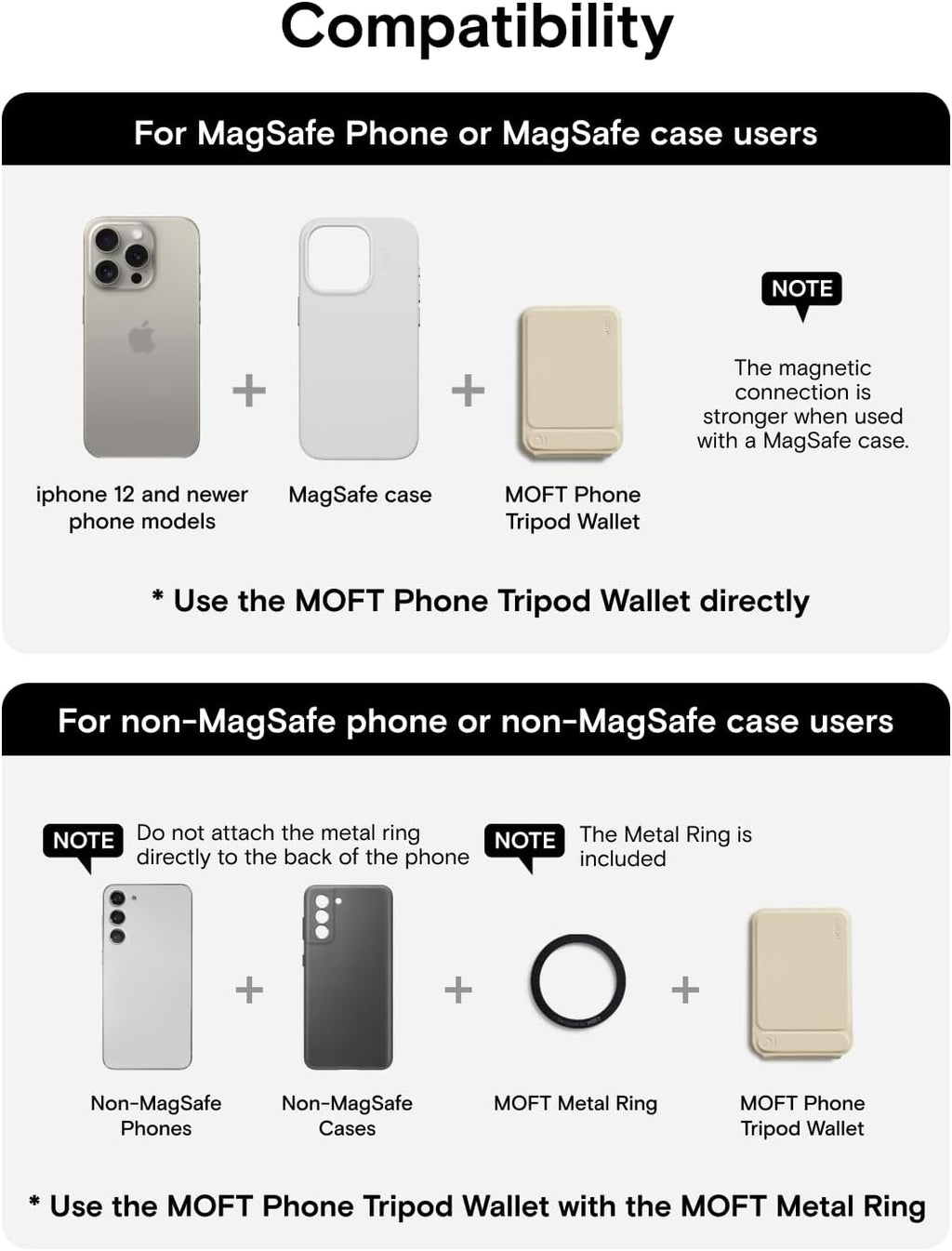 Moft Tripod Stand & Wallet-Compatible Models: iPhone 12/13/14/15/16/17 series (Plus/Pro/Pro Max) and MagSafe-compatible cases. Works with non-MagSafe phones using the included metal ring.