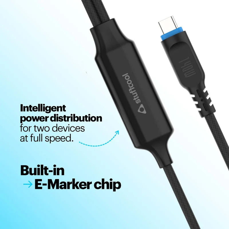 Black cable with USB-C connector on a light blue background, featuring the brand 'Suffcool'.