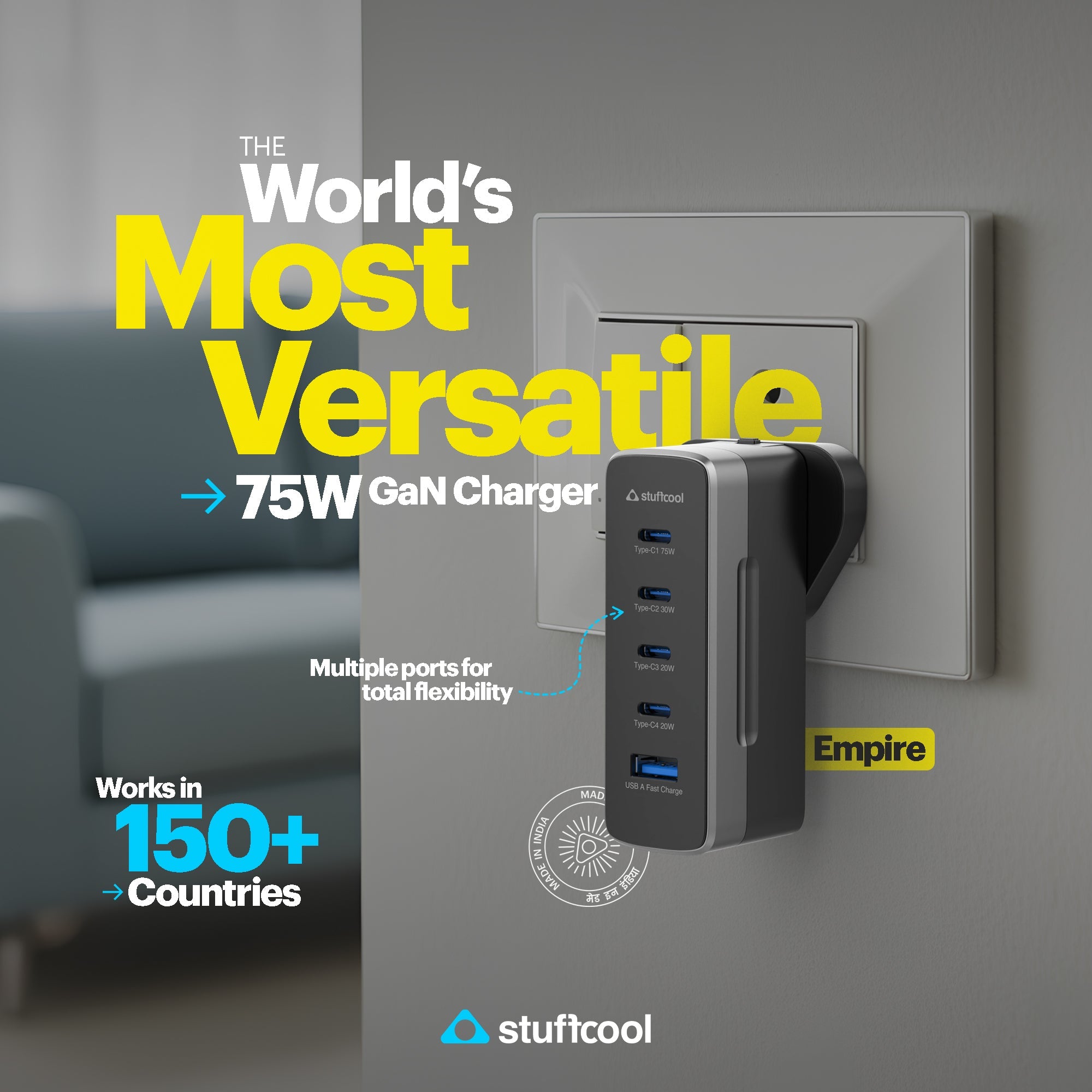 Empire 75W Multiplug GAN Charger with World Travel Adapter